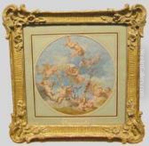 Putti Conjoining Monograms: A Decorative Design Oil Painting by Jean-Honore Fragonard