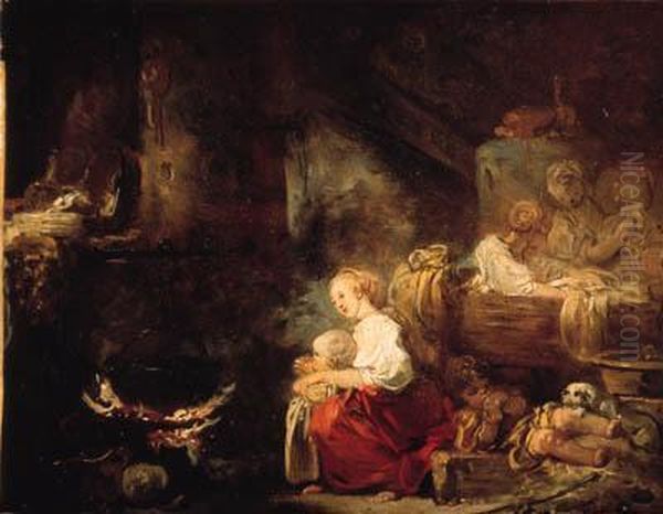 An Interior Of A Barn With A Woman And A Child By A Cauldron,washerwomen Nearby Oil Painting by Jean-Honore Fragonard