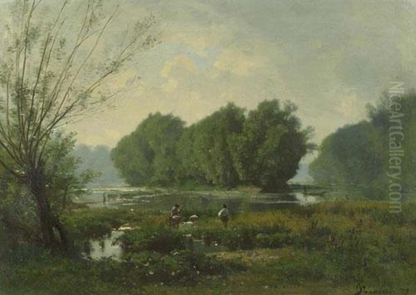 Landschaft Mit Fischern. Oil Painting by Francois Louis Francais