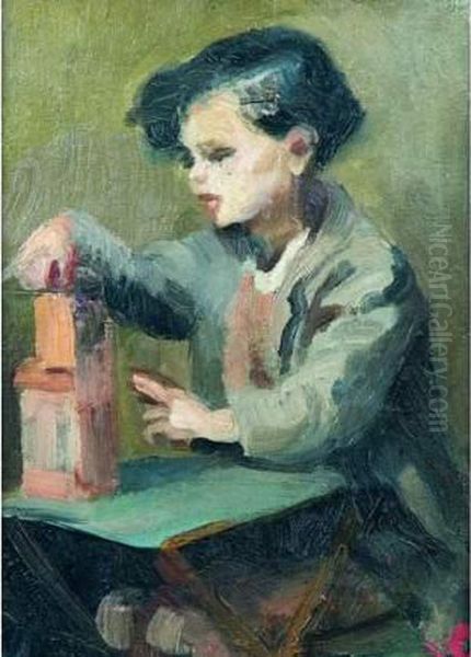 Enfant Au Jeu De Cubes. Oil Painting by France Leplat