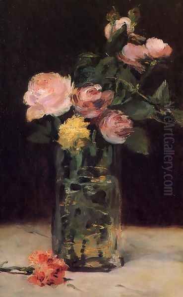 Roses in a Glass Vase Oil Painting by Edouard Manet