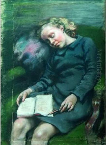 Colette Maik, Endormie, Un Livre Sur Ses Genoux. Oil Painting by France Leplat