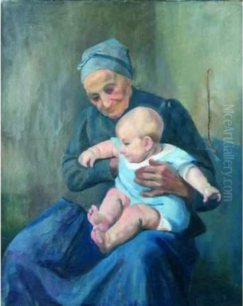 Enfant Et Sa Nourrice. Oil Painting by France Leplat