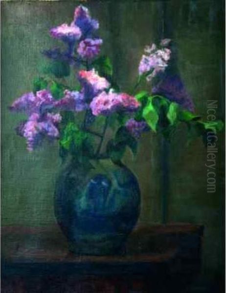 Bouquet De Lilas Au Vase Bleu. Oil Painting by France Leplat