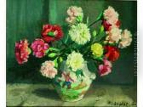 Composition Aux OEillets Dans Un Vase Chinois. Oil Painting by France Leplat