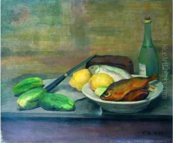 Nature Morte Aux Poissons Et Aux Cornichons. Oil Painting by France Leplat