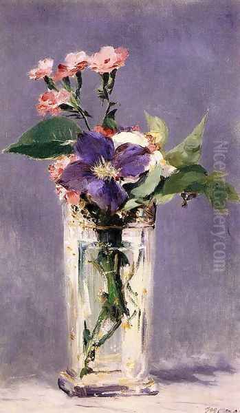 Pinks and Clematis in a Crystal Vase Oil Painting by Edouard Manet