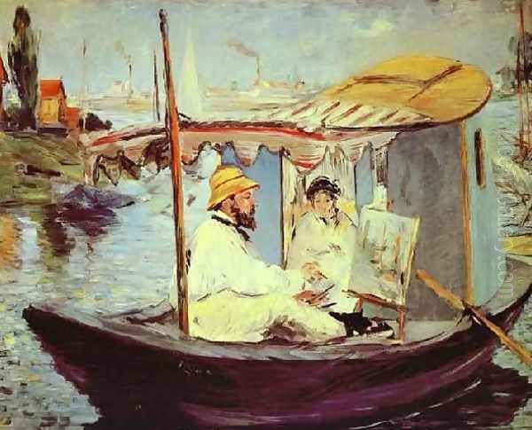 Painting On His Studio Boat Oil Painting by Edouard Manet