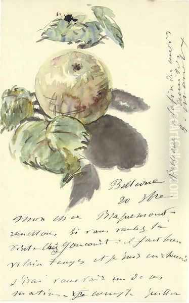 Lettre à Bracquemond (Une pomme entouree de ses feuilles) Oil Painting by Edouard Manet