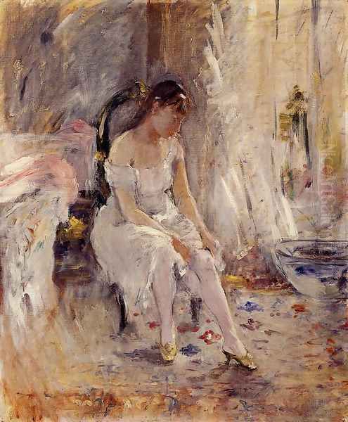 Woman Getting Dressed Aka Young Woman Fastening Her Stockings Oil Painting by Berthe Morisot