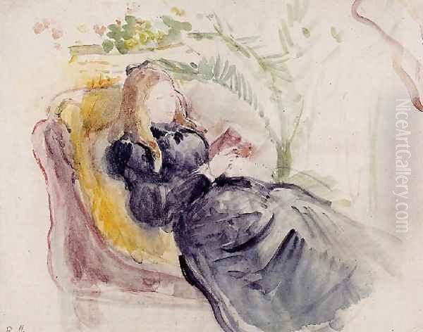 Julie Manet Reading In A Chaise Lounge Oil Painting by Berthe Morisot