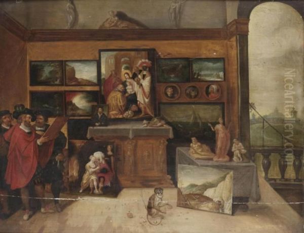 The Interior Of A Picture Gallery With Connoisseurs Studying A Painting Oil Painting by Frans II Francken