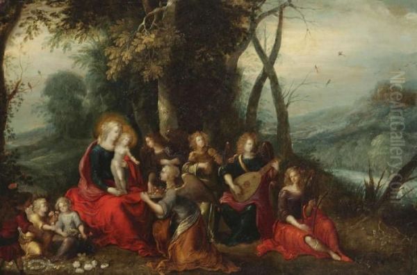 Verheerlijking Van De Madonna Met Muziekspelende Engeltjes Oil Painting by Frans II Francken