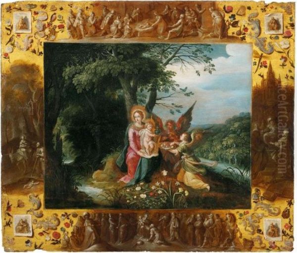 Maria Mit Kind Und Zweiengeln, Von Grisaillen Umrahmt Oil Painting by Frans II Francken