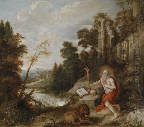 Saint Jeromewith The Lion In A Ruined Landscape Oil Painting by Frans II Francken