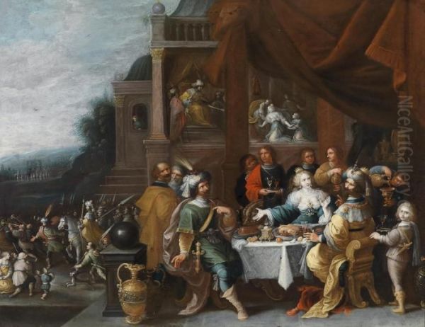 Ahasver And Haman At The Feast Of Esther Oil Painting by Frans II Francken