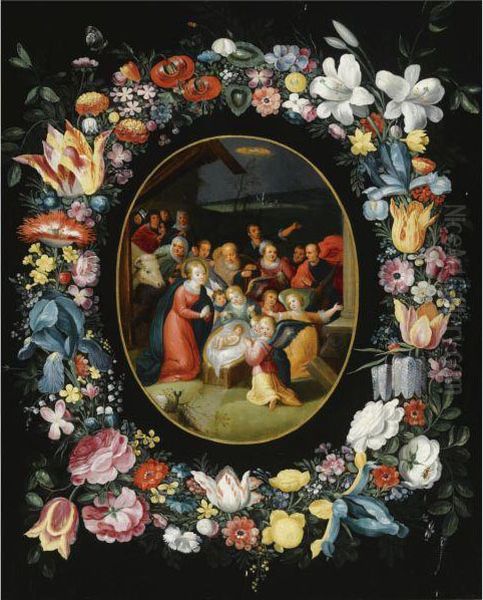 The Adoration Of The Shepherds 
Surrounded By A Garland Offlowers, Together With A Butterfly And A 
Dragonfly Oil Painting by Frans II Francken