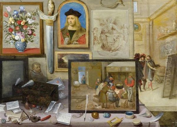 View Into The Workshop Of A Painter With A Wall Of Artistic Treasures Oil Painting by Frans II Francken