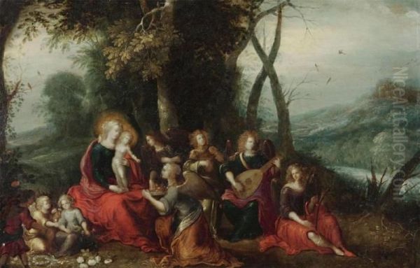 The Adoration Of The Madonna With Angels Playing Music Oil Painting by Frans II Francken