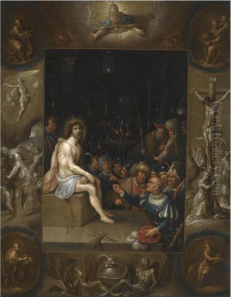 The Mocking Of Christ, In An En 
Grisaille Surround With Scenes From The Life Of Christ And The Four 
Evangelists Oil Painting by Frans II Francken