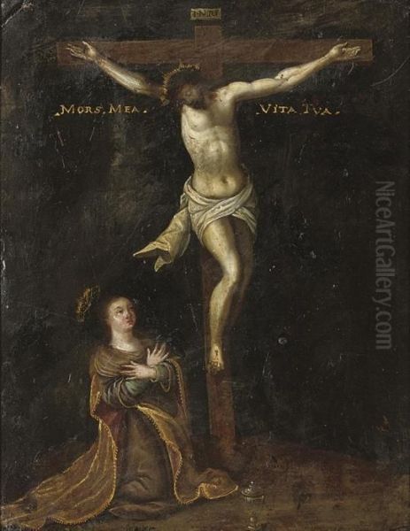 Christ On The Cross With The Penitent Magdalen Oil Painting by Frans II Francken