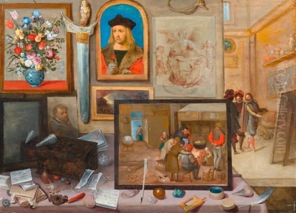 View Into The Workshop Of A Painter With A Wall Of Artistic Treasures. Oil Painting by Frans II Francken