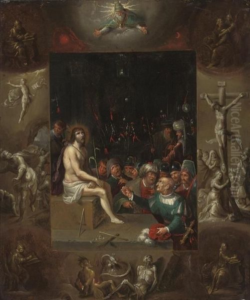 The Mocking Of Christ, With A 
Border En Grisaille Depicting God Thefather, The Four Evangelists, The 
Crucifixion, The Resurrection Andcaptive Souls In Hell Oil Painting by Frans II Francken