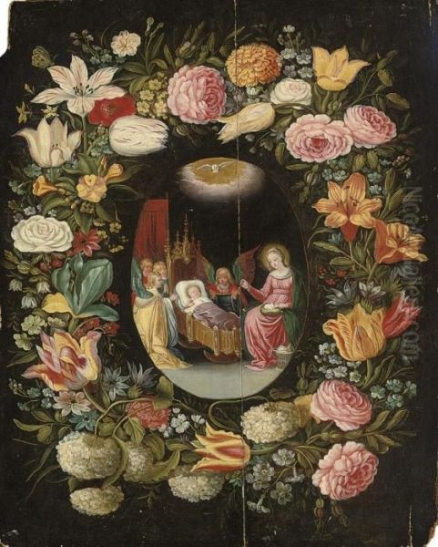 A Garland Of Flowers Surrounding A Medallion Of The Virgin Andchild With Angels Oil Painting by Frans II Francken