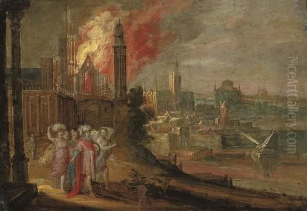 Lot And His Family Fleeing The Burning Sodom Oil Painting by Frans II Francken