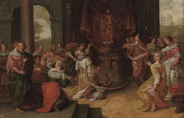 Figures In A Classical Courtyard Before An Alter With A Statue Ofceres Oil Painting by Frans II Francken