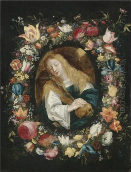 The Penitent Magdalen Surrounded By A Garland Of Flowers Oil Painting by Frans II Francken