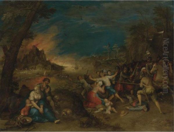 Soldiers Attacking Peasants Before A Burning Village (the Horrors Of War) by Frans II Francken