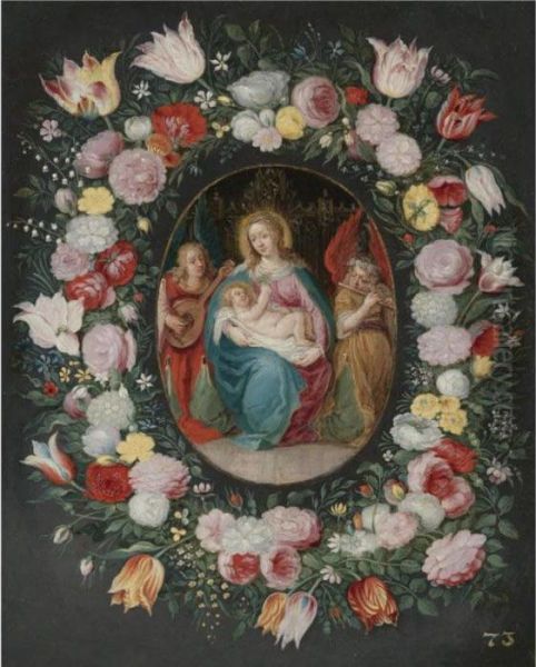 The Madonna And Child With Two Angels Surrounded By A Garland Of Flowers Oil Painting by Frans II Francken