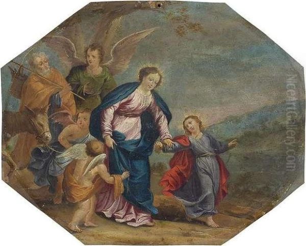 The Flight Into Egypt. Octagonal Form. Oil/copper Oil Painting by Frans II Francken