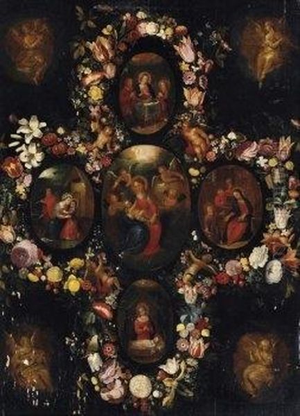 Five Medallions With Scenes From
 The Childhood Of Christ. The Corners Shows Angels Making Music In 
Brunaille Painting Oil Painting by Frans II Francken