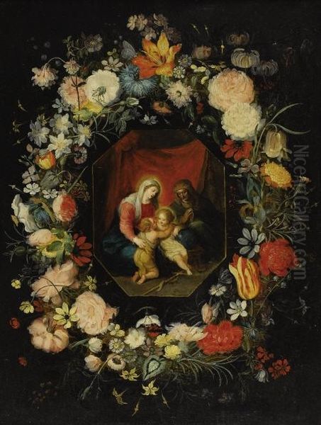 The Virgin And Child With Saint 
Anne And The Infant John The Baptist, Surrounded By A Garland Of Flowers Oil Painting by Frans II Francken