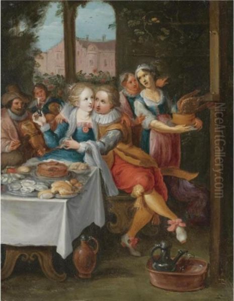 An Elegant Company Feasting With A Courting Couple Oil Painting by Frans II Francken