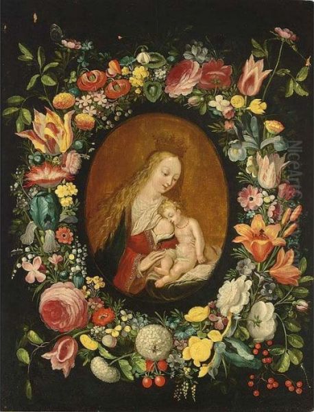 The Virgin And Child Surrounded 
By A Flower Garland With Roses, Tulips, Snowballs, Wallflowers, Irisses,
 An Opium Poppy, Pansies, Forget-me-nots, Red-turban-cup Lilies, Lilies,
 And Other Flowers Together With Raspberries And Red Berries Oil Painting by Frans II Francken