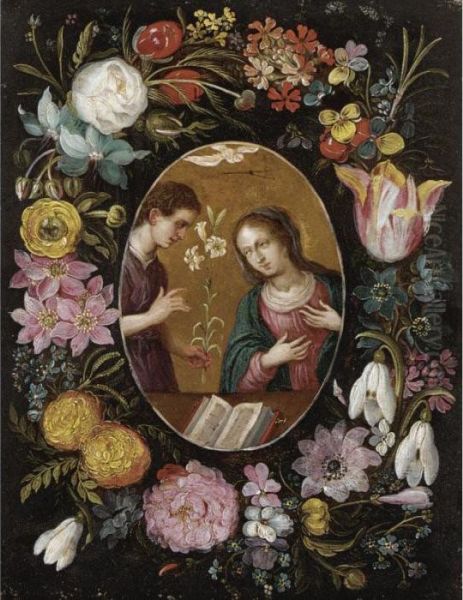 The Annunciation Surrounded By A Garland Of Flowers Oil Painting by Frans II Francken