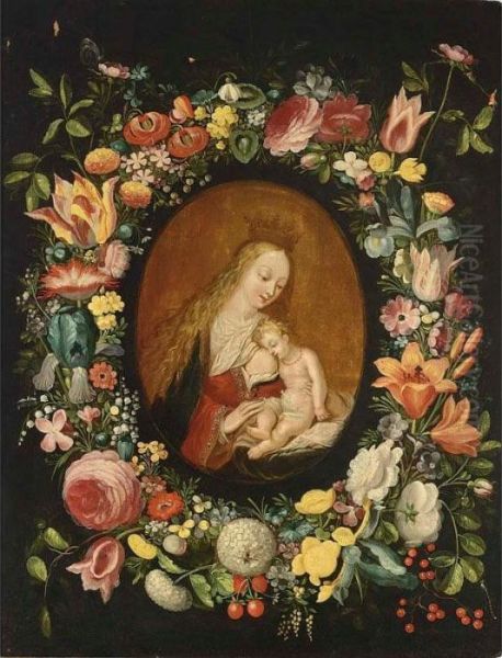 The Virgin And Child Surrounded 
By A Flower Garland With Roses, Tulips, Snowballs, Wallflowers, Irisses,
 An Opium Poppy, Pansies, Forget-me-nots, Red-turban-cup Lilies, Lilies,
 And Other Flowers Together With Raspberries And Red Berries Oil Painting by Frans II Francken