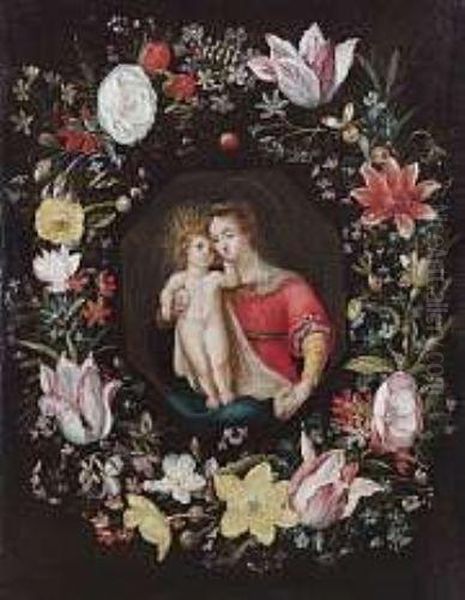 The Madonna And Child Surrounded By A Garland Of Flowers Oil Painting by Frans II Francken