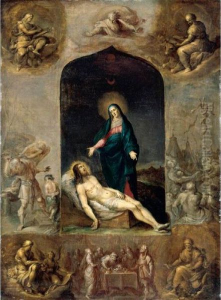 The Pieta Surrounded By The Four
 Evangelists, And Scenes From The Old Testament Including The Sacrifice 
Of Isaac And The Brazen Serpent Oil Painting by Frans II Francken