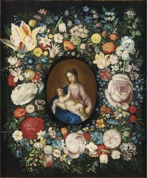 A Garland Of Roses, Tulips And 
Other Flowers Surrounding A Medallion Of The Virgin And Child Oil Painting by Frans II Francken