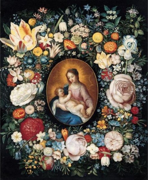 A Garland Of Flowers Surrounding A Medallion Of The Virgin And Child Oil Painting by Frans II Francken