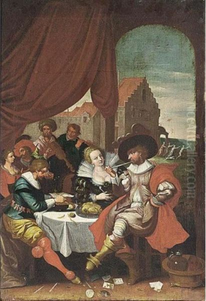 An Elegant Company Smoking And 
Listening To Music Around A Table, With A Scene Of The Prodigal Son In 
The Background Oil Painting by Frans II Francken