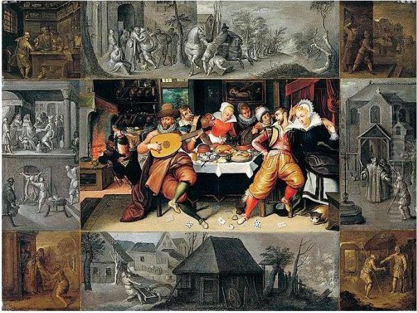 The Prodigal Son Feasting, 
Within A Border Representing Scenes From The Parable Of The Prodigal Son Oil Painting by Frans II Francken