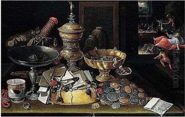 A Still Life Of Coins, Letters, A
 Silver Tazza, Gilt Vessels, Jewellery And A Silver Beaker Upon A Table,
 A Miser Haunted By Demons Beyond Oil Painting by Frans II Francken