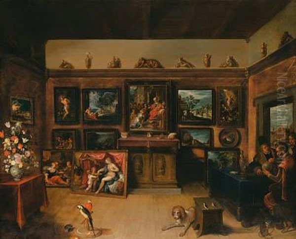 A Picture Gallery With A Man Of Science Making Measurements On Aglobe Oil Painting by Frans II Francken