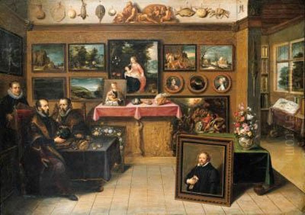 A Collector's Cabinet With Abraham Ortelius And Justuslipsius Oil Painting by Frans II Francken