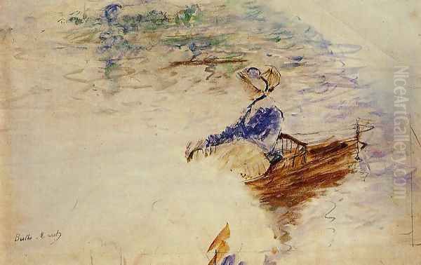 Young Woman In A Rowboat Eventail Oil Painting by Berthe Morisot